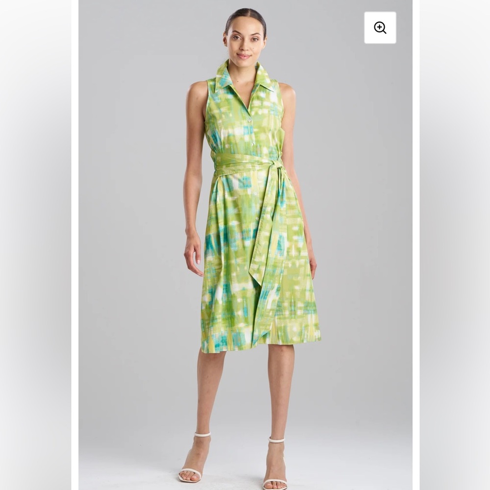 NATORI Green Watercolor Abstract Halter Belted Sleeveless Midi Dress M
